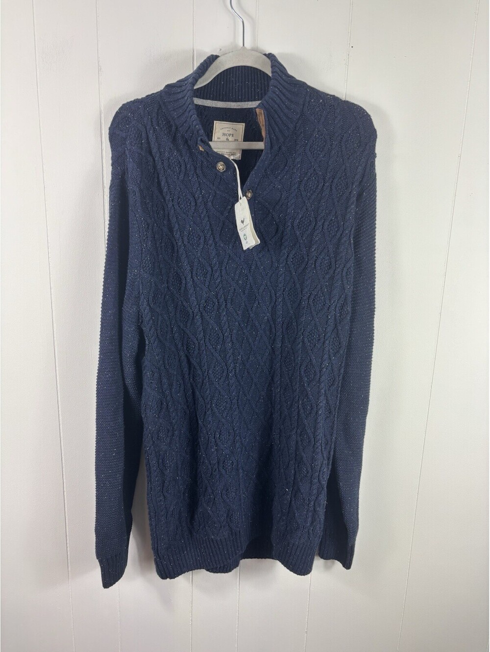 Hope & Henry Men's Organic Mock Neck Cable Sweater Size XL Blue Heritage